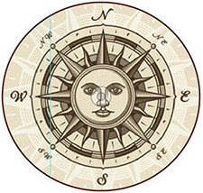 Compass rose with sun rays for direction